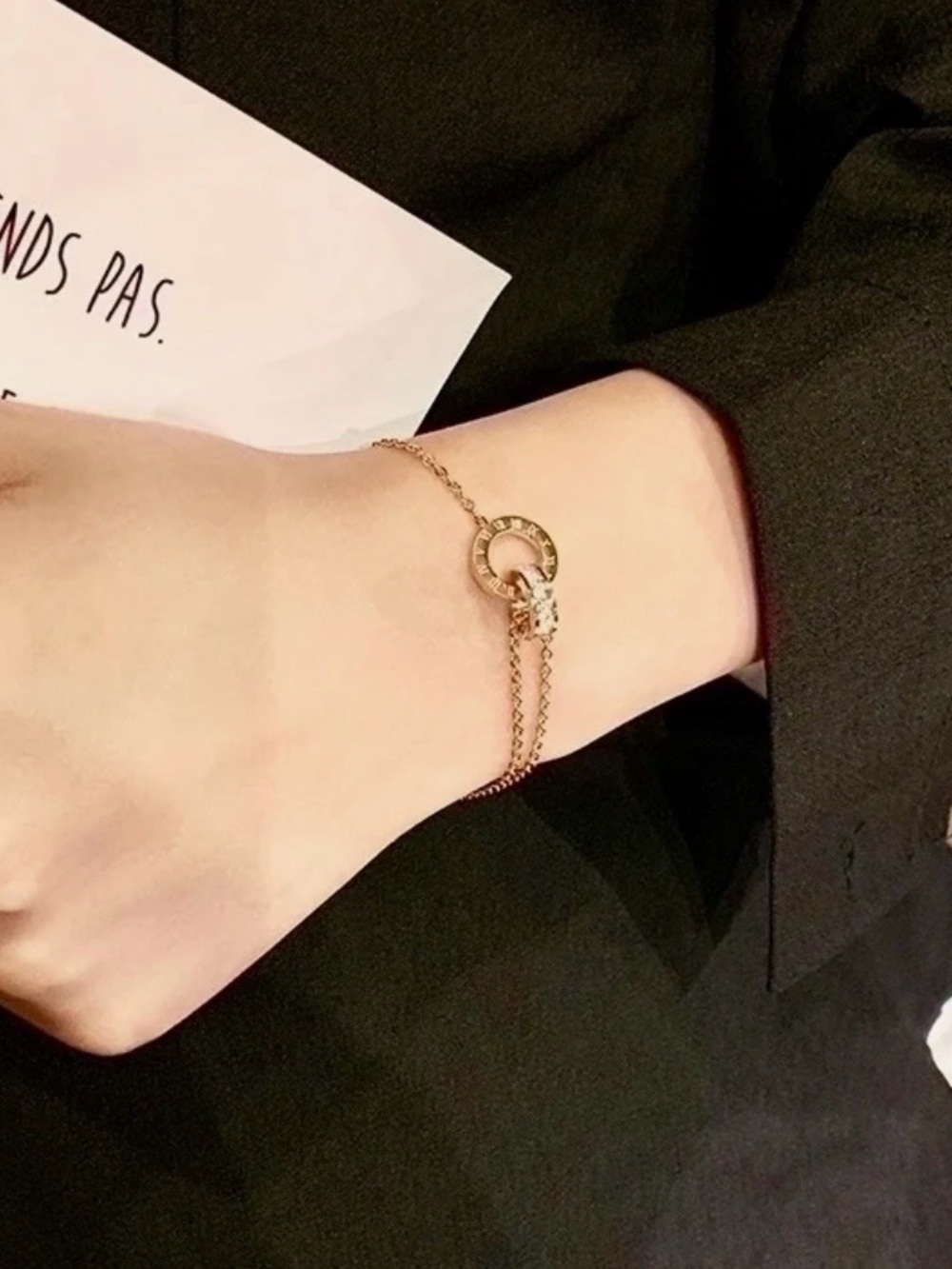 Tarnish Free 18k gold dipped Roman Numeral Circle Bracelet with Crystal Accent